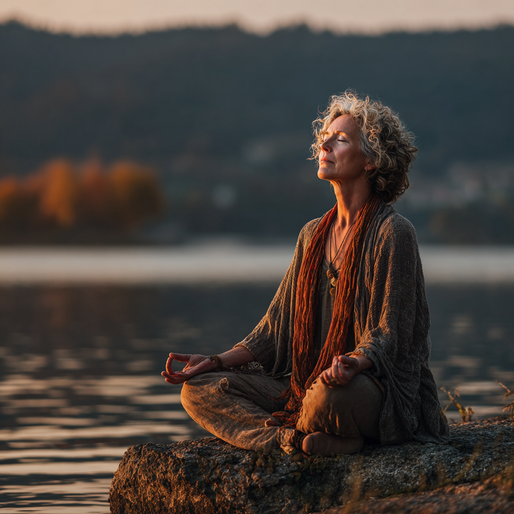 Mature woman practicing peaceful yoga meditation in serene natural environment