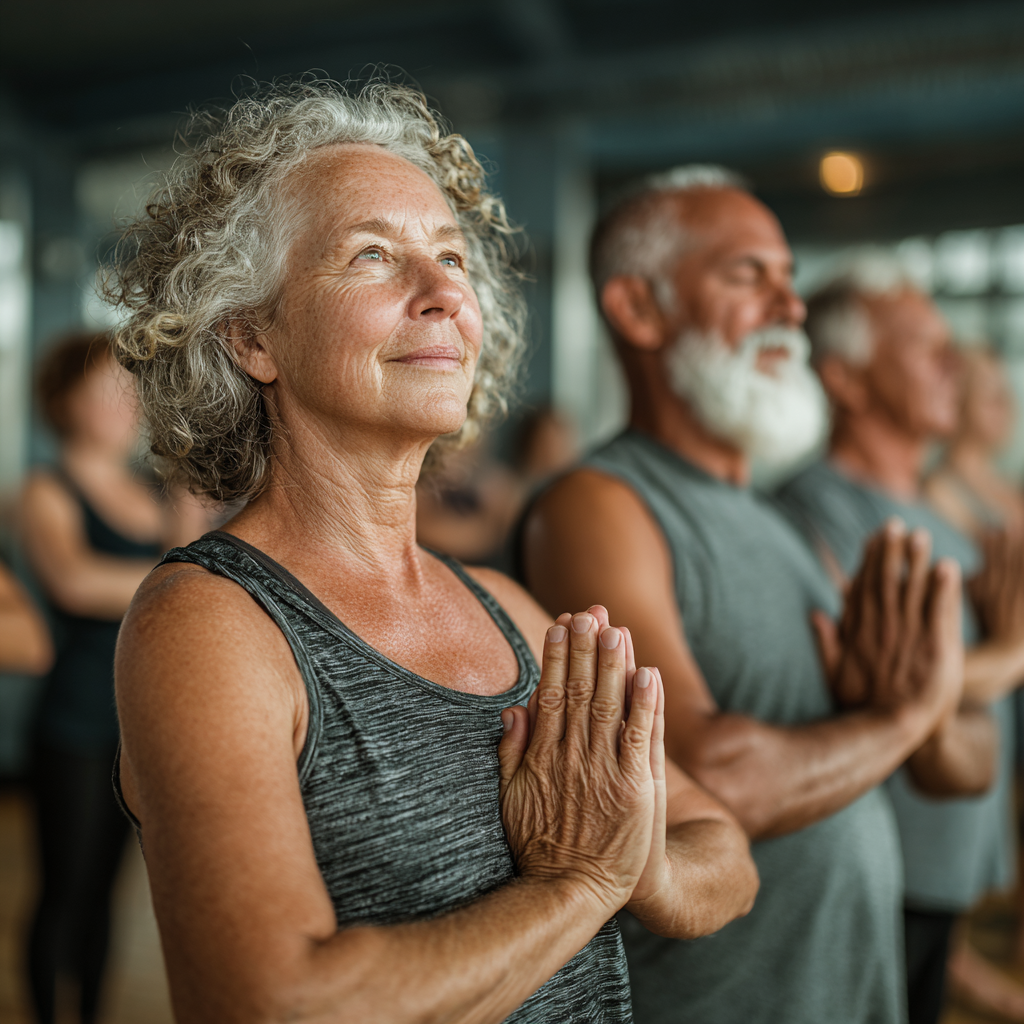Senior adults participating in gentle yoga class with experienced instructor